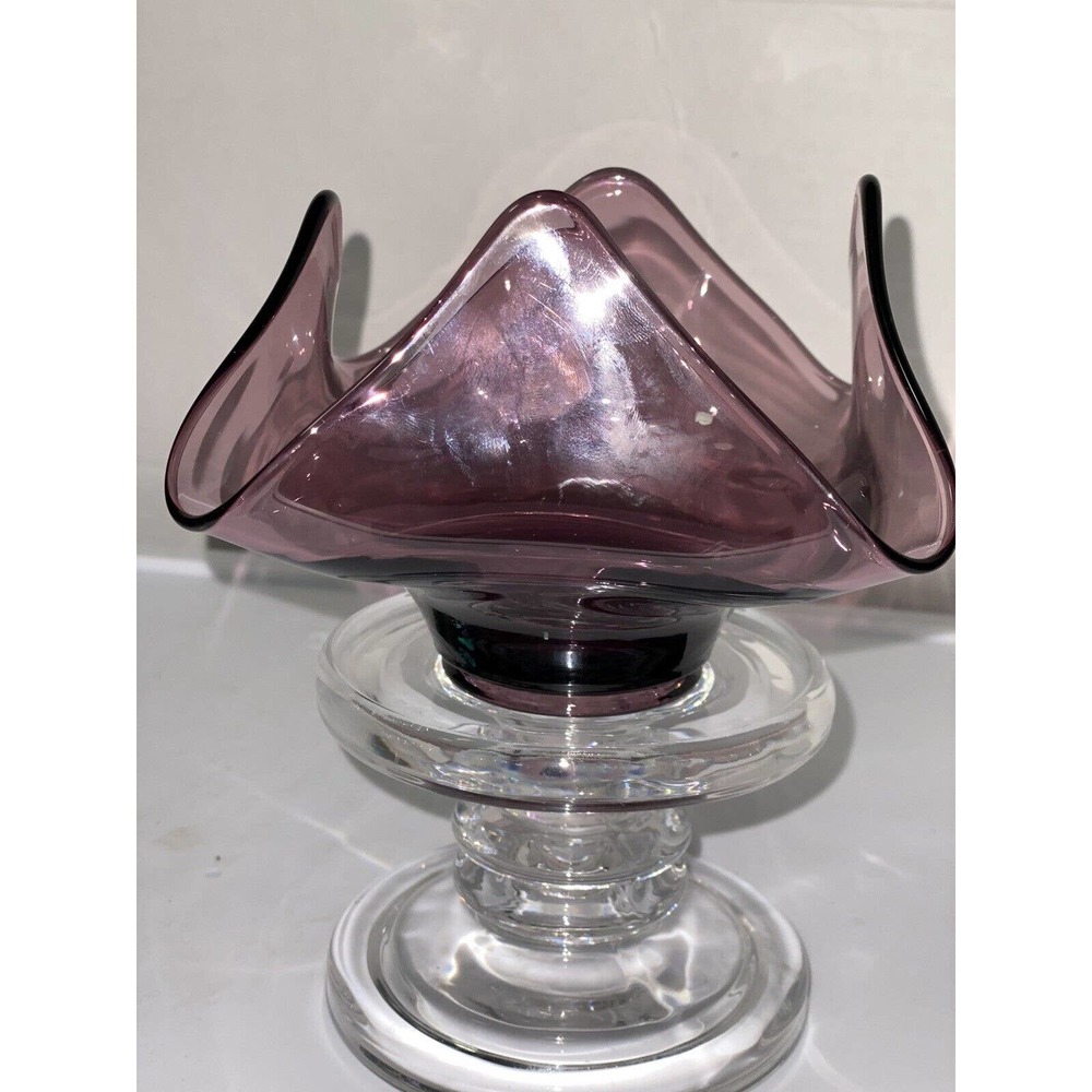 Purple Amethyst Hand Blown Art Glass 4 Petal 4 1/4” X 4 1/4” Lotus Bowl